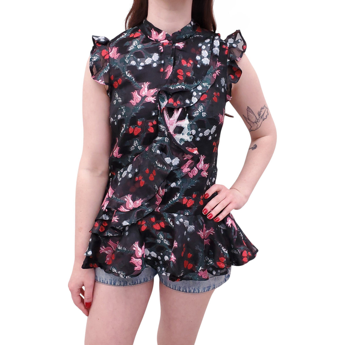 ERDEM BLACK STRAWBERRY RUFFLE BLOUSE - SIZE 6