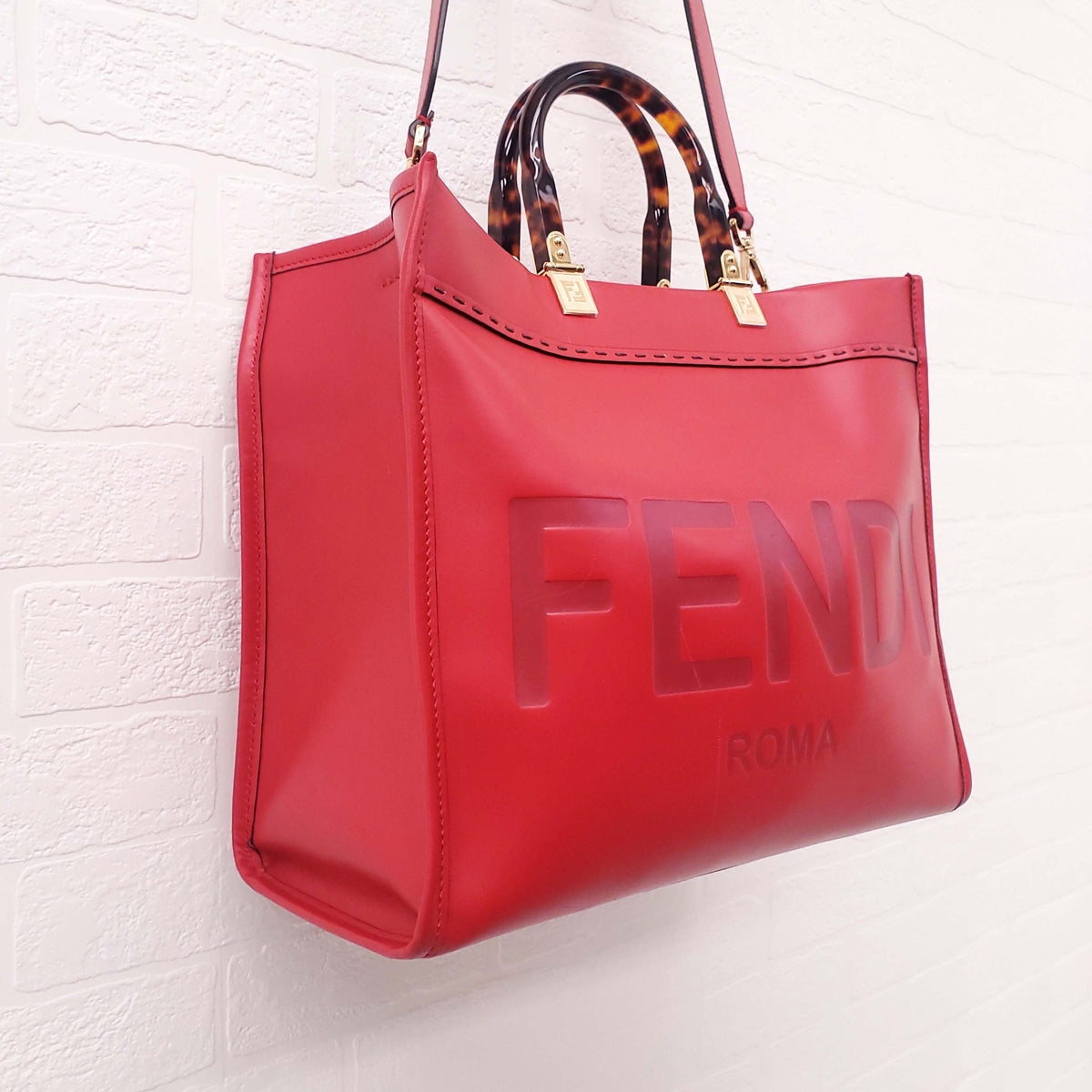 FENDI RED LEATHER 'LARGE SUNSHINE SHOPPER' LOGO TOTE