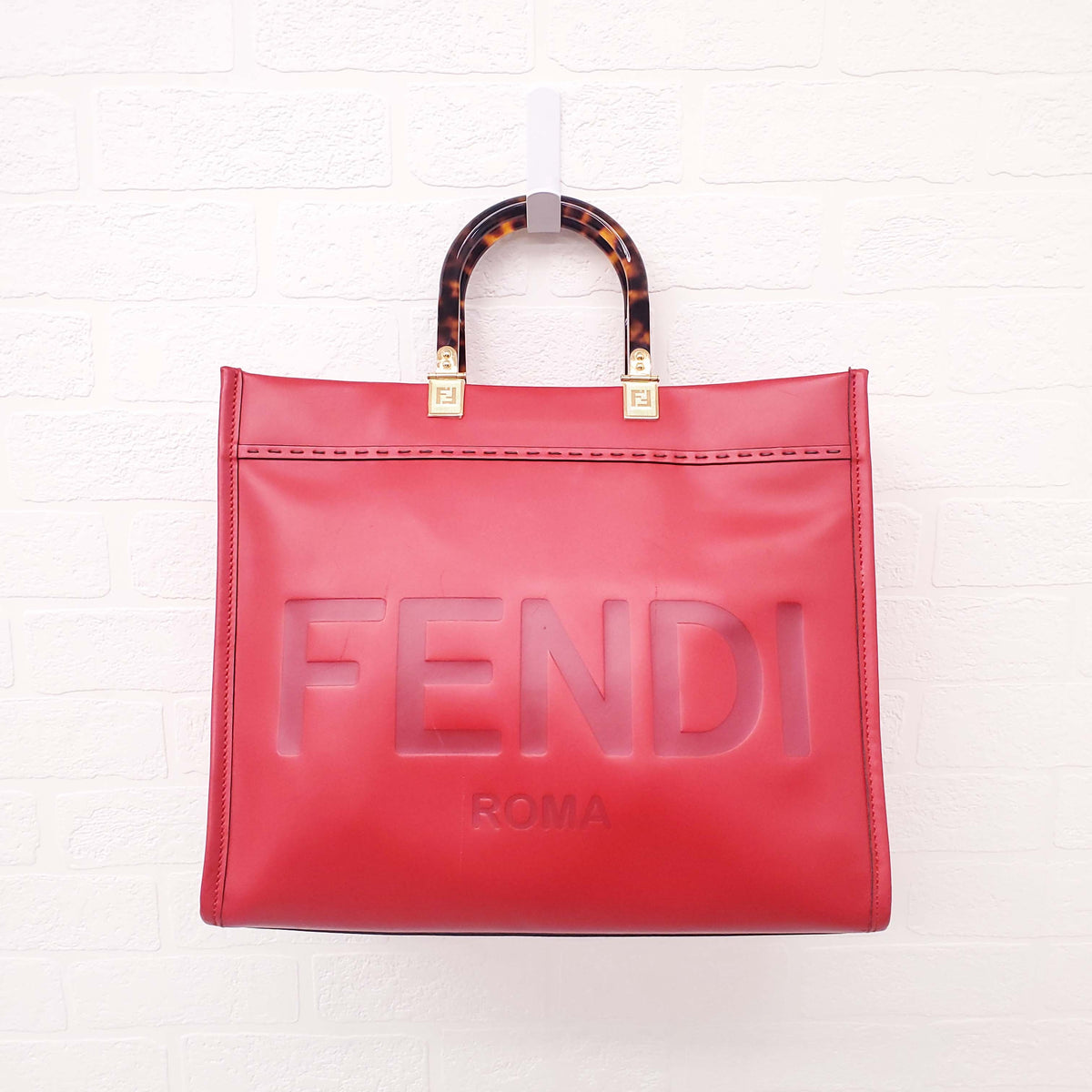 FENDI RED LEATHER 'LARGE SUNSHINE SHOPPER' LOGO TOTE