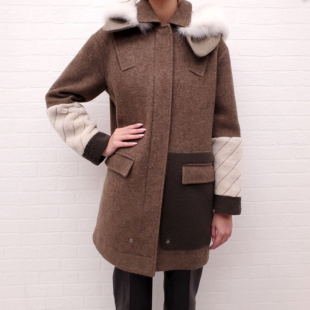 FENDI WOOL COAT WITH BROWN FOX FUR - SIZE 42
