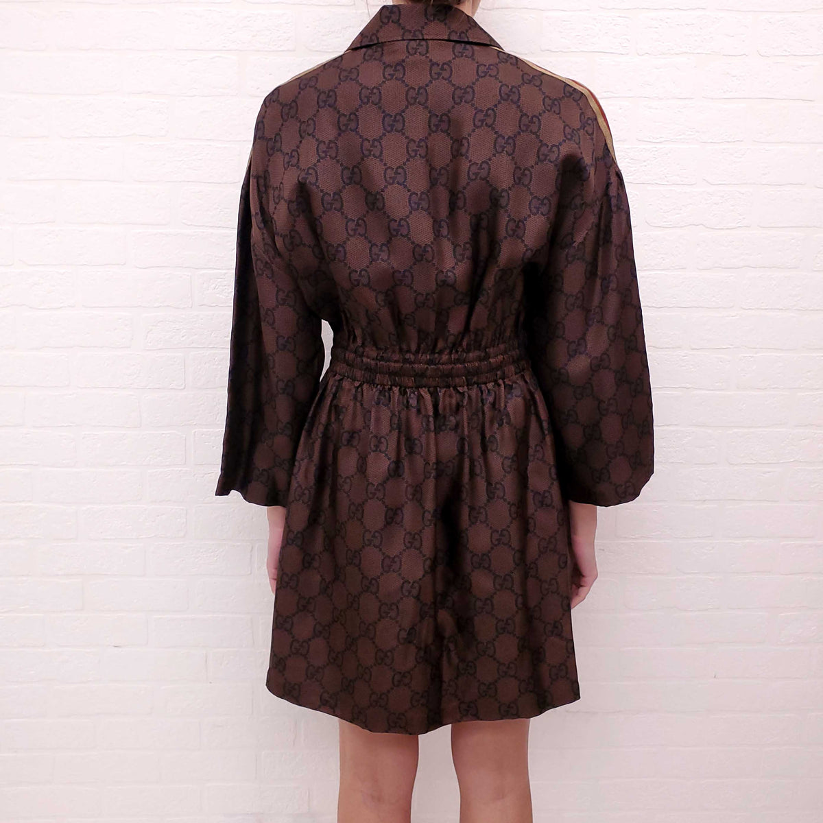 GUCCI 2021 BROWN SILK MONOGRAM DRESS - SIZE M