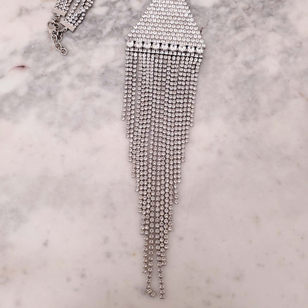 GUCCI CRYSTAL LOGO TRIANGLE FRINGE NECKLACE