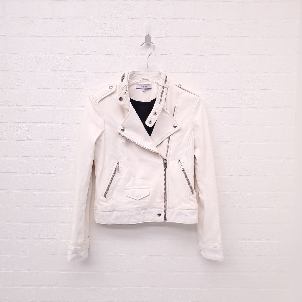IRO CREAM LEATHER AND DENIM DISTRESSED MOTORCYCLE JACKET - SIZE 38