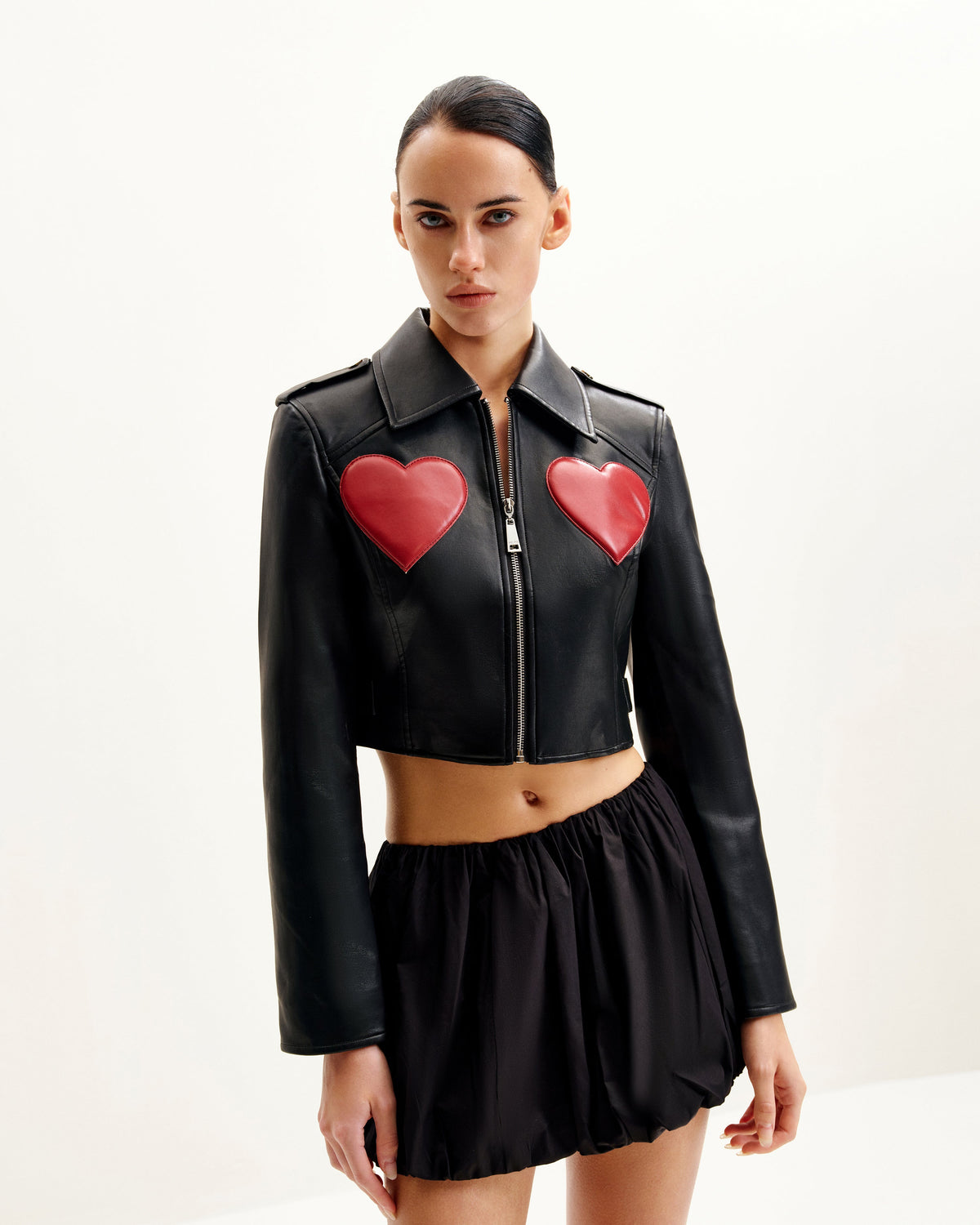 Sophie Cropped Leather Jacket - Black & Red