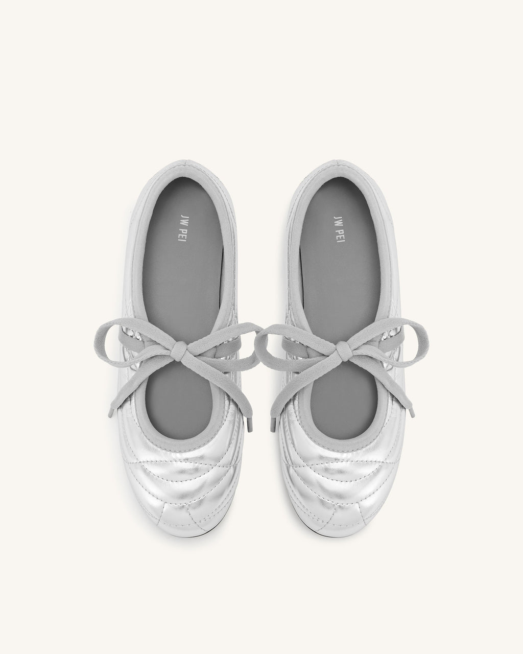 Erika Topstitching lace-up ballet Flats- Silver