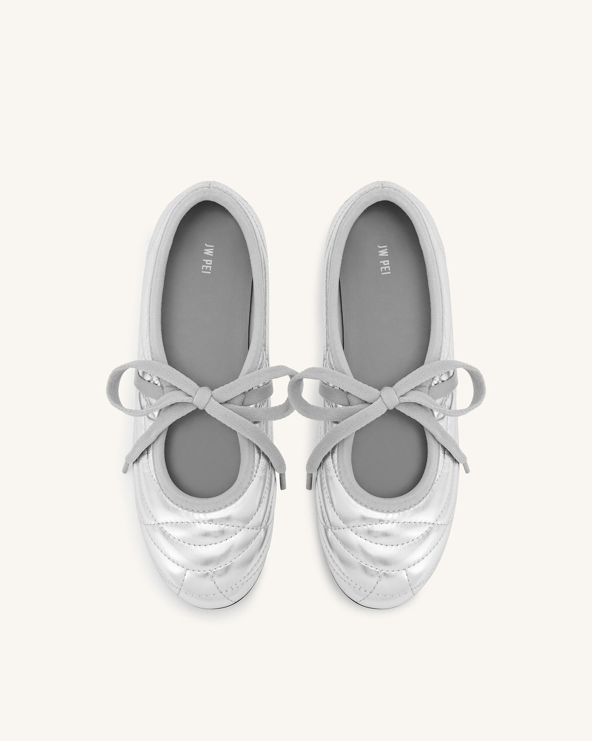 Erika Topstitching lace-up ballet Flats- Silver
