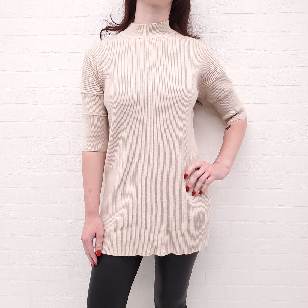JIL SANDER OVERSIZED CREAM RIBBED SHORT SLEEVE SWEATER - SIZE 34
