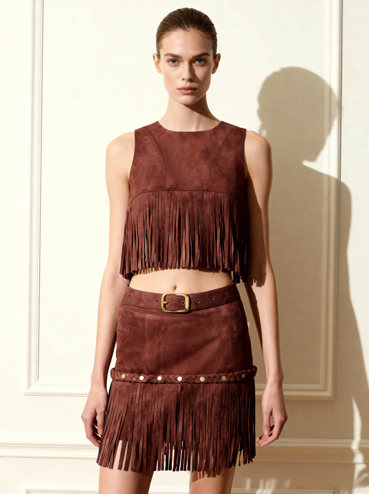 Faux Suede Fringe Halter - Burgundy