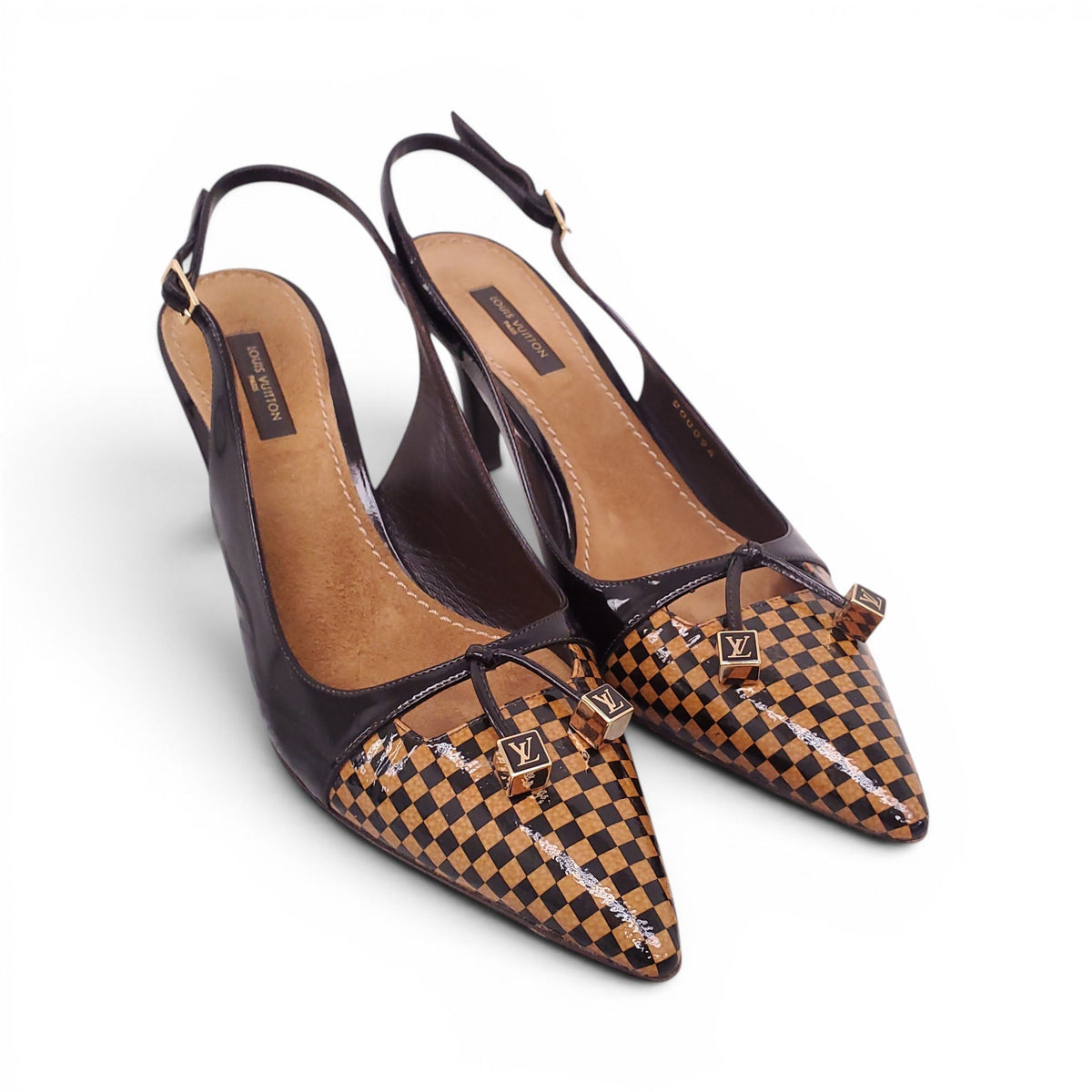 LOUIS VUITTON CHECKERED PATENT SLINGBACK HEELS - SIZE 39.5