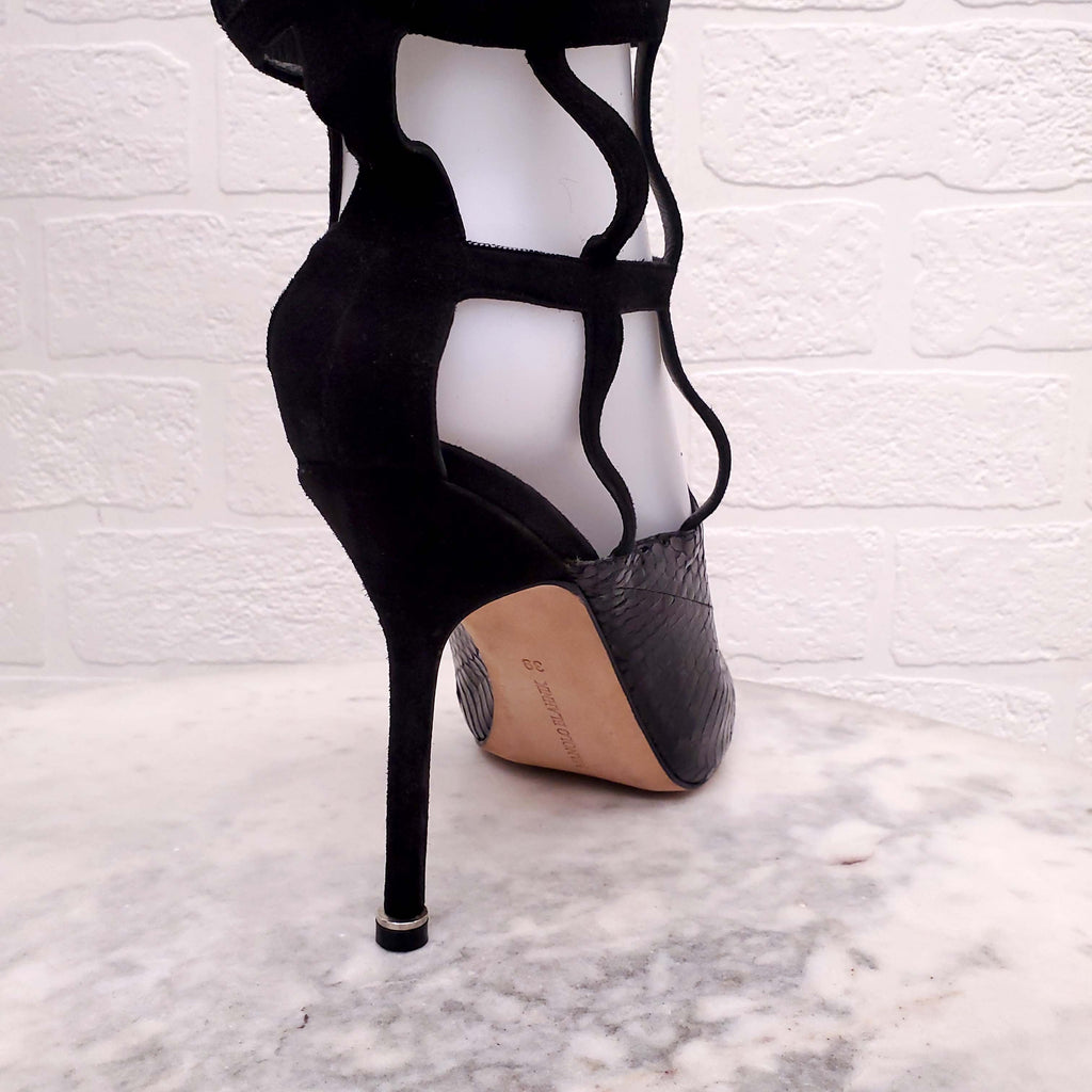 MANOLO BLAHNIK BLACK CAGED PYTHON KNEE HIGH HEELS - SIZE 39