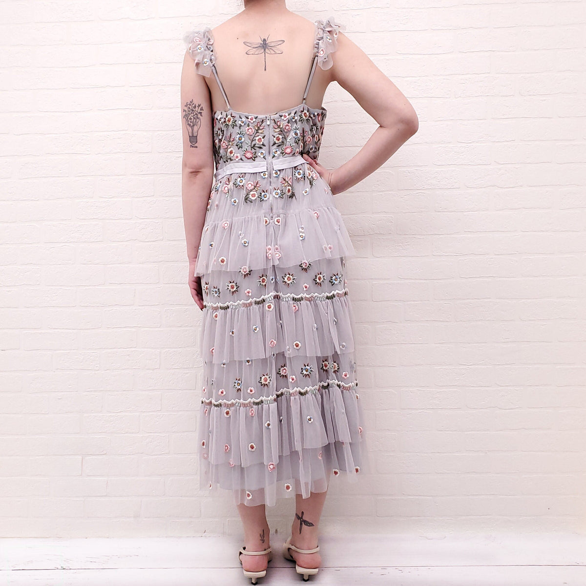 NEEDLE & THREAD GREY FLORAL RUFFLED DRESS - SIZE 8