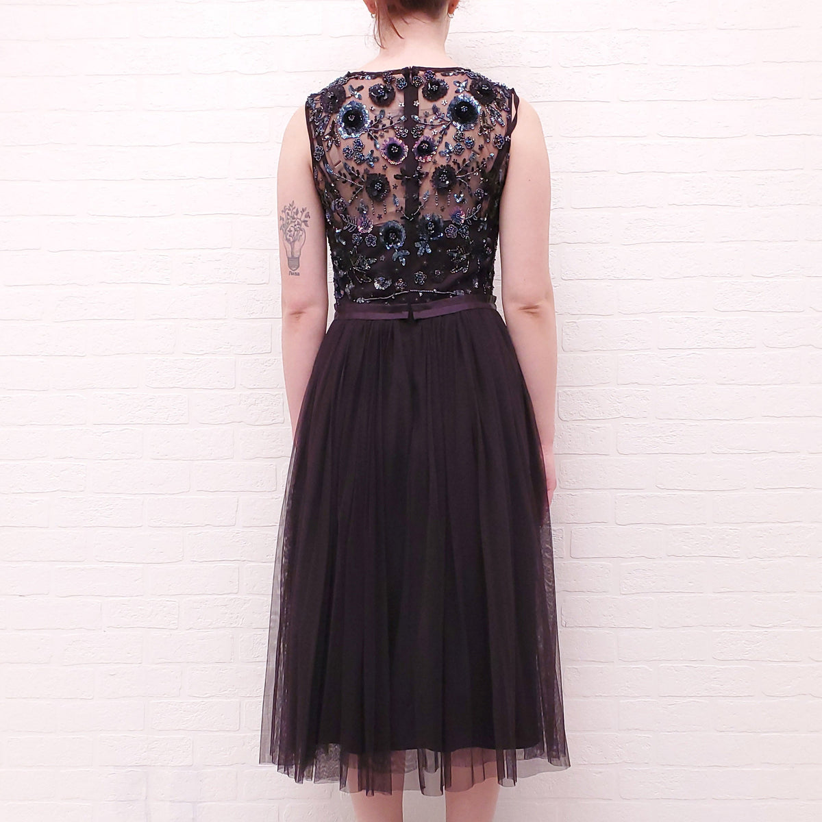 NEEDLE & THREAD PLUM FLORAL SEQUIN TULLE DRESS - SIZE 8