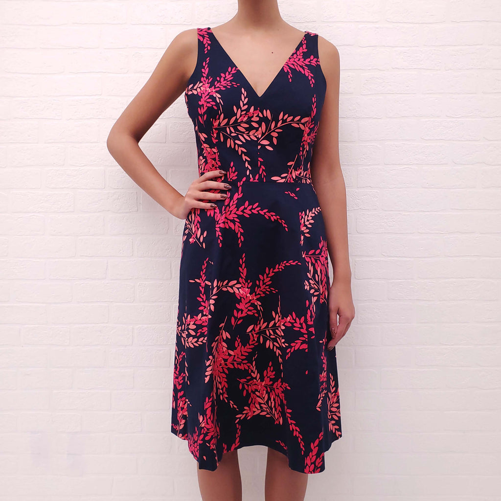 OSCAR DE LA RENTA NAVY AND PINK COTTON FLORAL DRESS - SIZE 8