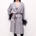 PRADA GREY SILK FEATHER ROBE WITH BELT - SIZE L