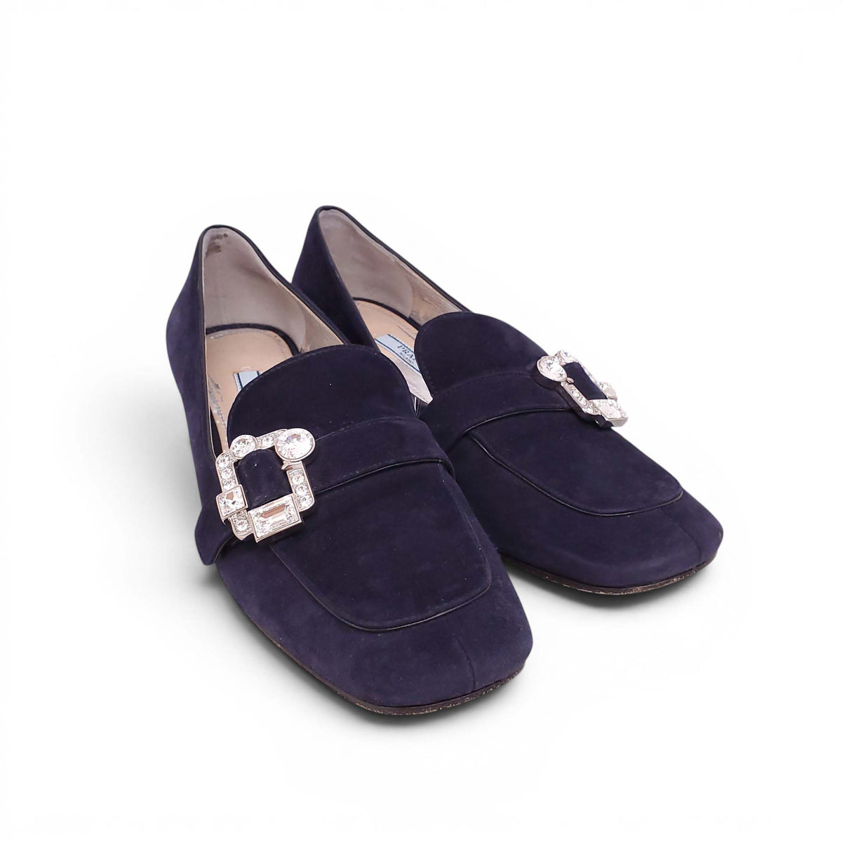 PRADA NAVY CRYSTAL SUEDE LOAFERS WITH CRYSTAL - SIZE 38