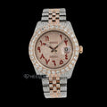 Rolex Datejust Diamond Paved Rose Gold Dial Red Arabic Numerals Diamond Bezel Two Tone Rose Gold Fully Iced Moissanite Diamond Jubilee Bracelet For Women