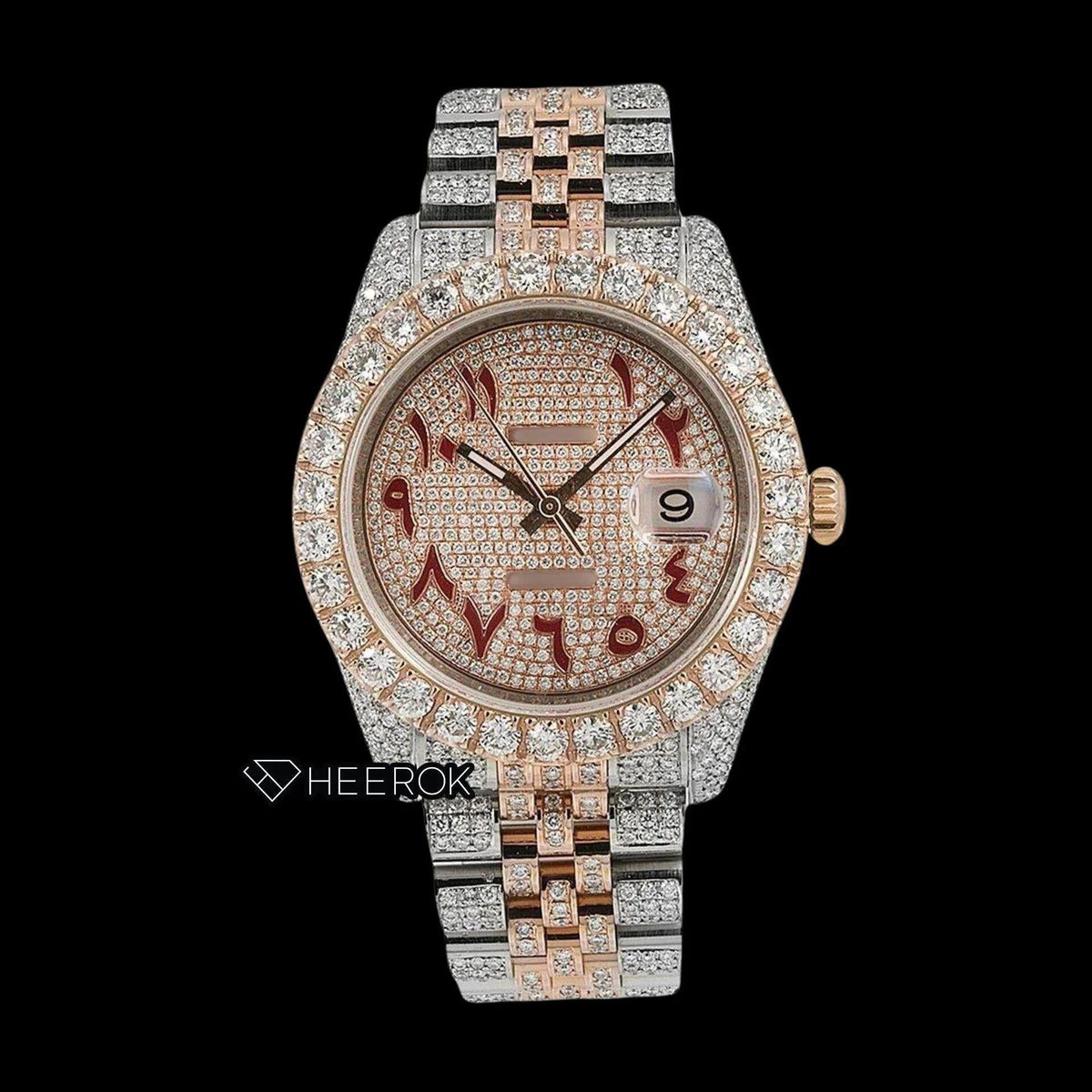 Rolex Datejust Diamond Paved Rose Gold Dial Red Arabic Numerals Diamond Bezel Two Tone Rose Gold Fully Iced Moissanite Diamond Jubilee Bracelet For Women