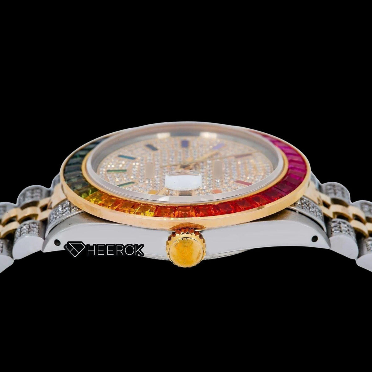Rolex Datejust Full Paved Yellow Dial Multicolor Stick Markers Rainbow Diamond Bezel Two Tone Yellow Gold Semi Iced Moissanite Diamond Jubilee Bracelet Watch For Women