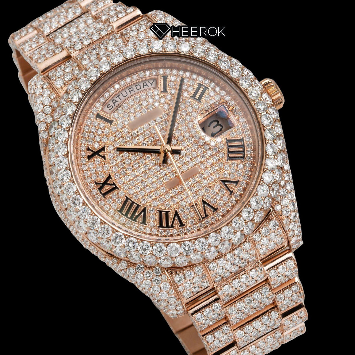 Rolex Day-Date Rose Gold Dial Roman Numerals Diamond Bezel Fully Iced Rose Gold Moissanite Diamond President Bracelet Watch