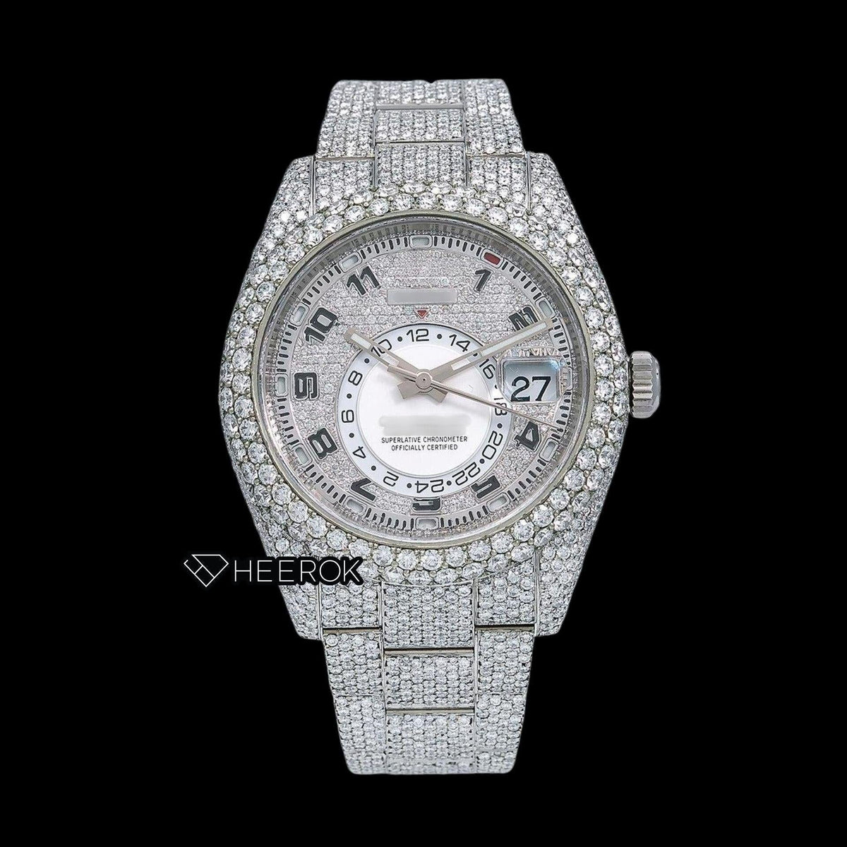Rolex Sky-Dweller Diamond Paved Dial Standard Numerals Diamond Bezel Fully Iced Out Moissanite Diamond Oyster Bracelet Watch