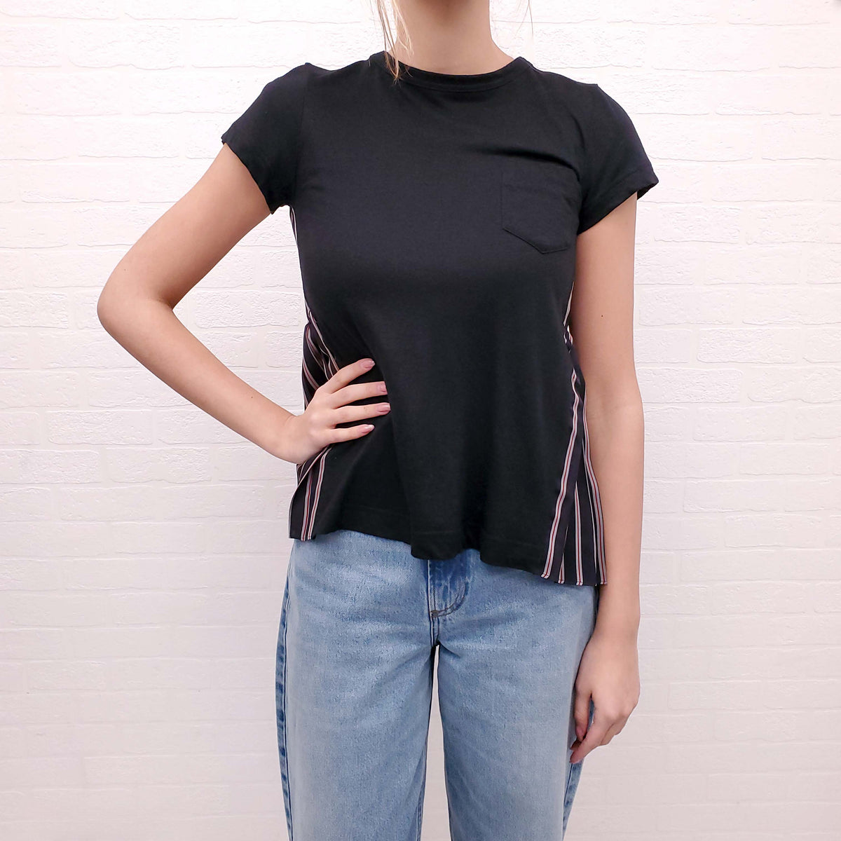 SACAI NAVY T-SHIRT WITH STRIPED BACK - SIZE S