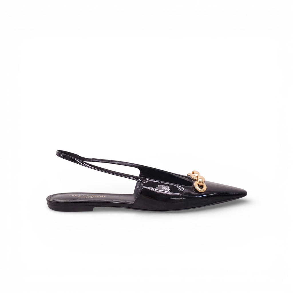 SAINT LAURENT BLACK PATENT BLADE CHAIN SLINGBACK FLATS - SIZE 39