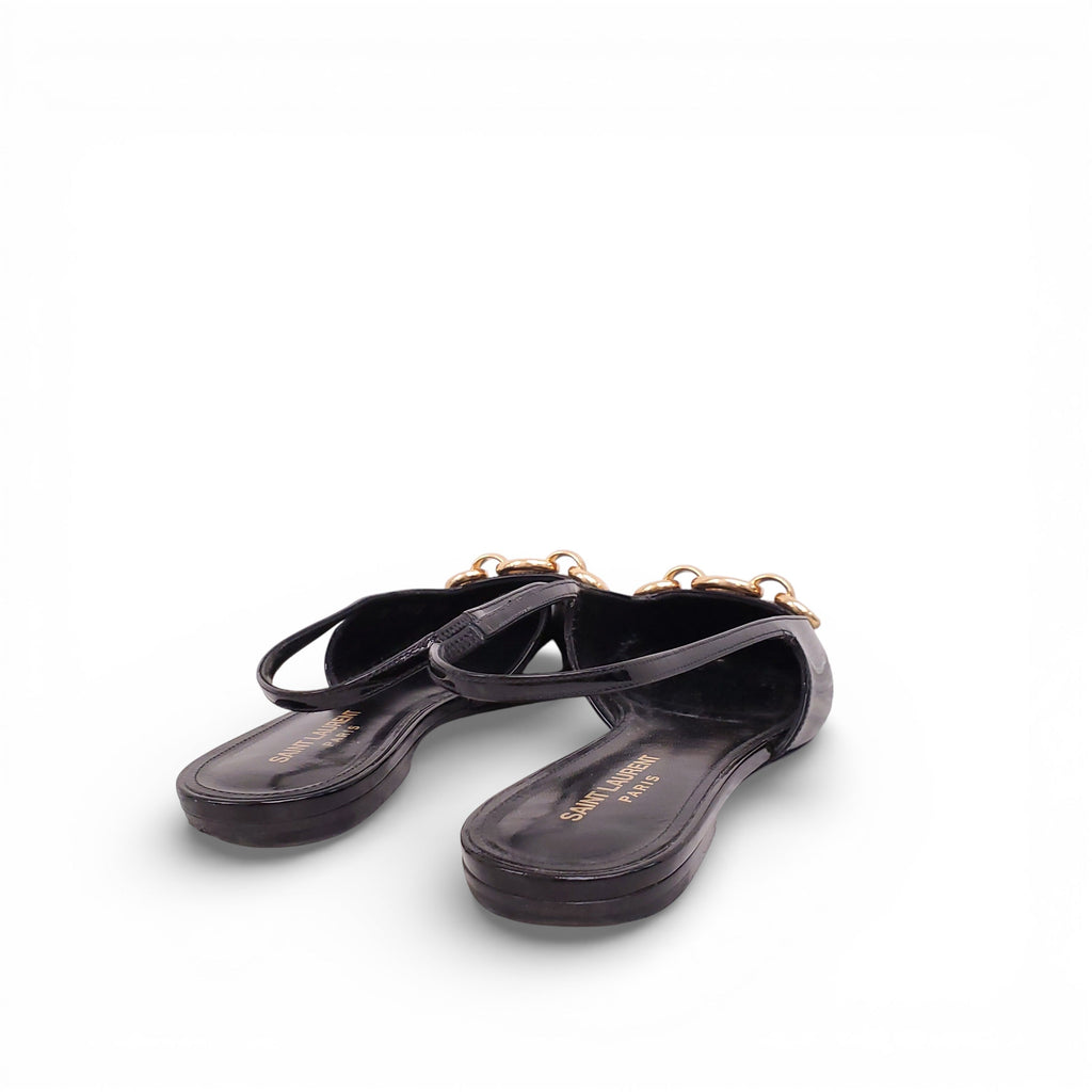 SAINT LAURENT BLACK PATENT BLADE CHAIN SLINGBACK FLATS - SIZE 39