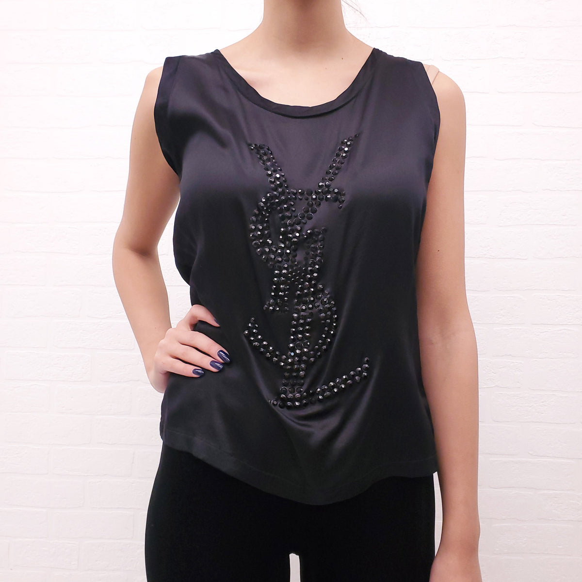 SAINT LAURENT SWAROVSKI CRYSTAL LOGO BLOUSE - SIZE M