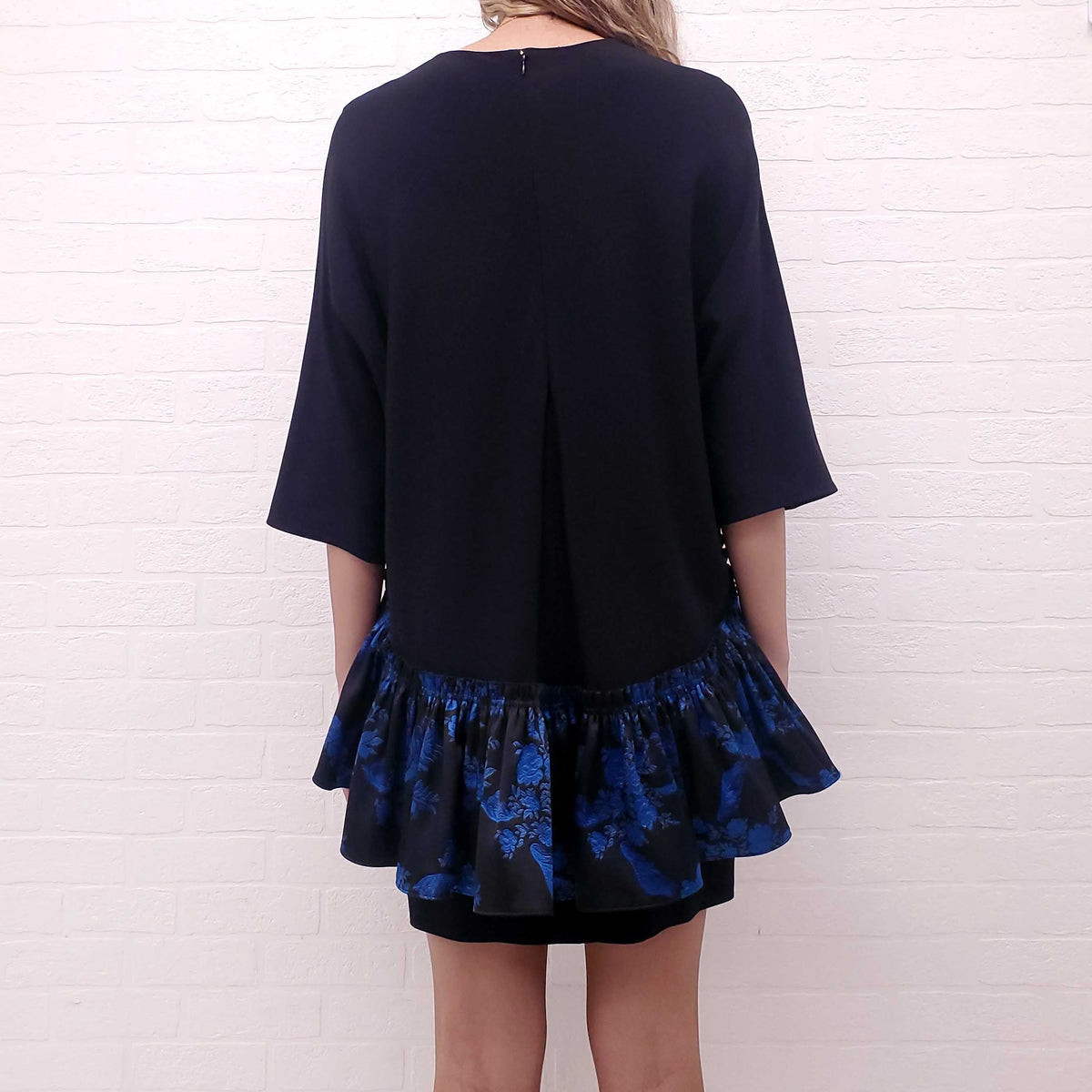 STELLA MCCARTNEY BLACK DRESS WITH BLUE FLORAL FRILL BACK - SIZE 42