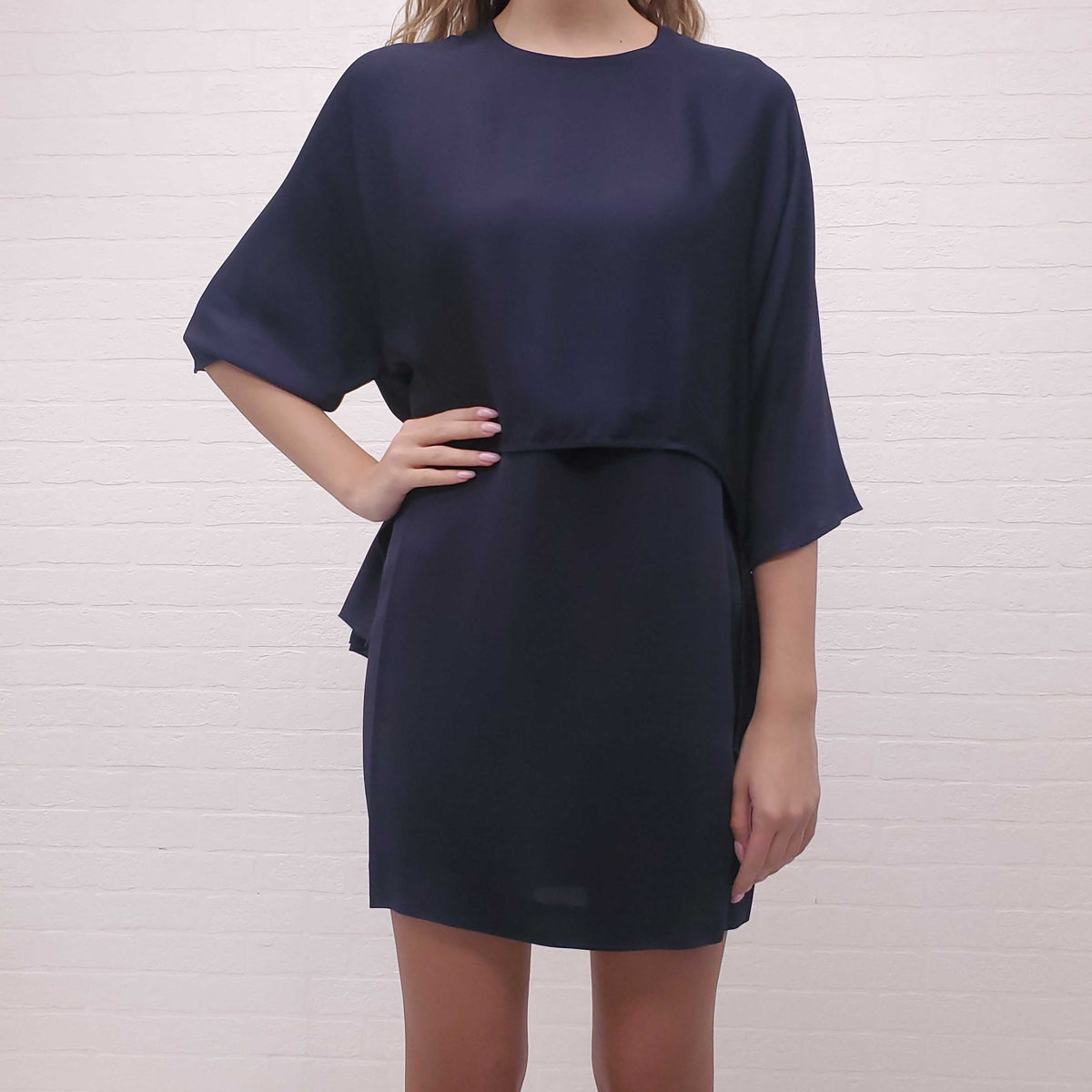 STELLA MCCARTNEY NAVY LAYERED RUFFLE BACK DETAILED DRESS - SIZE 42