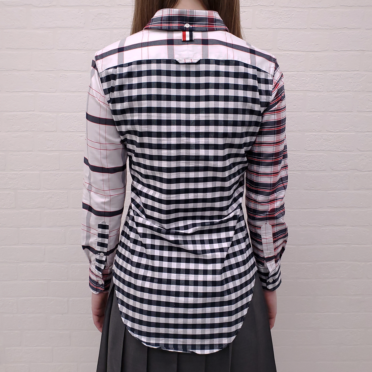 THOM BROWNE MULTI-PLAID ROUND COLLAR BUTTON UP SHIRT - SIZE 38