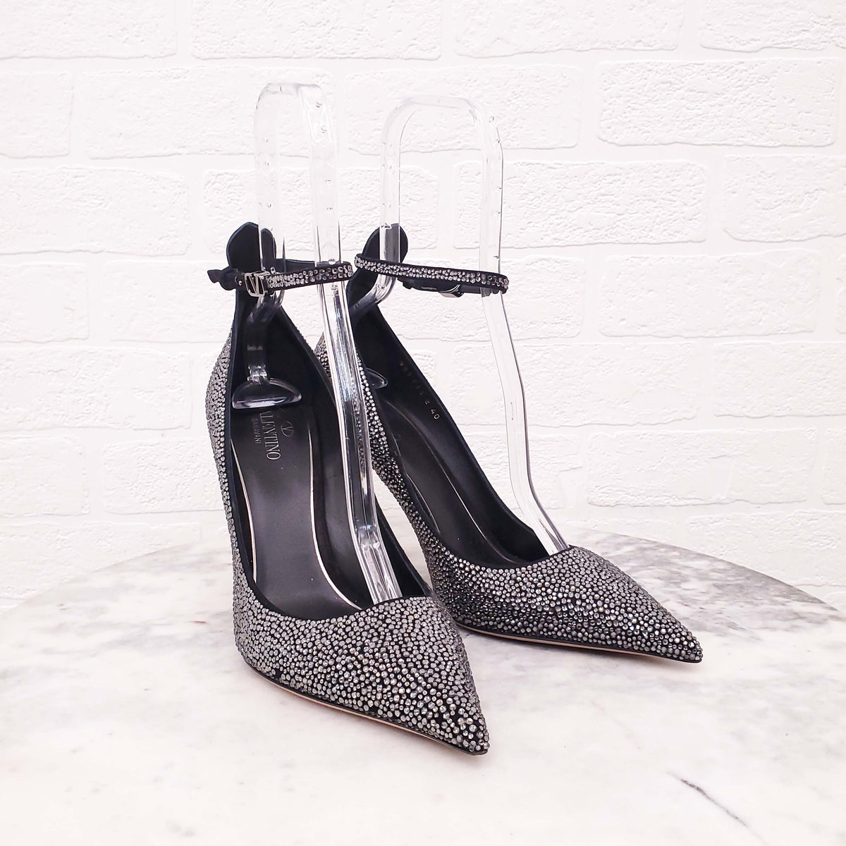 VALENTINO CRYSTAL POINTED HEELS WITH LOGO STRAP - SIZE 40