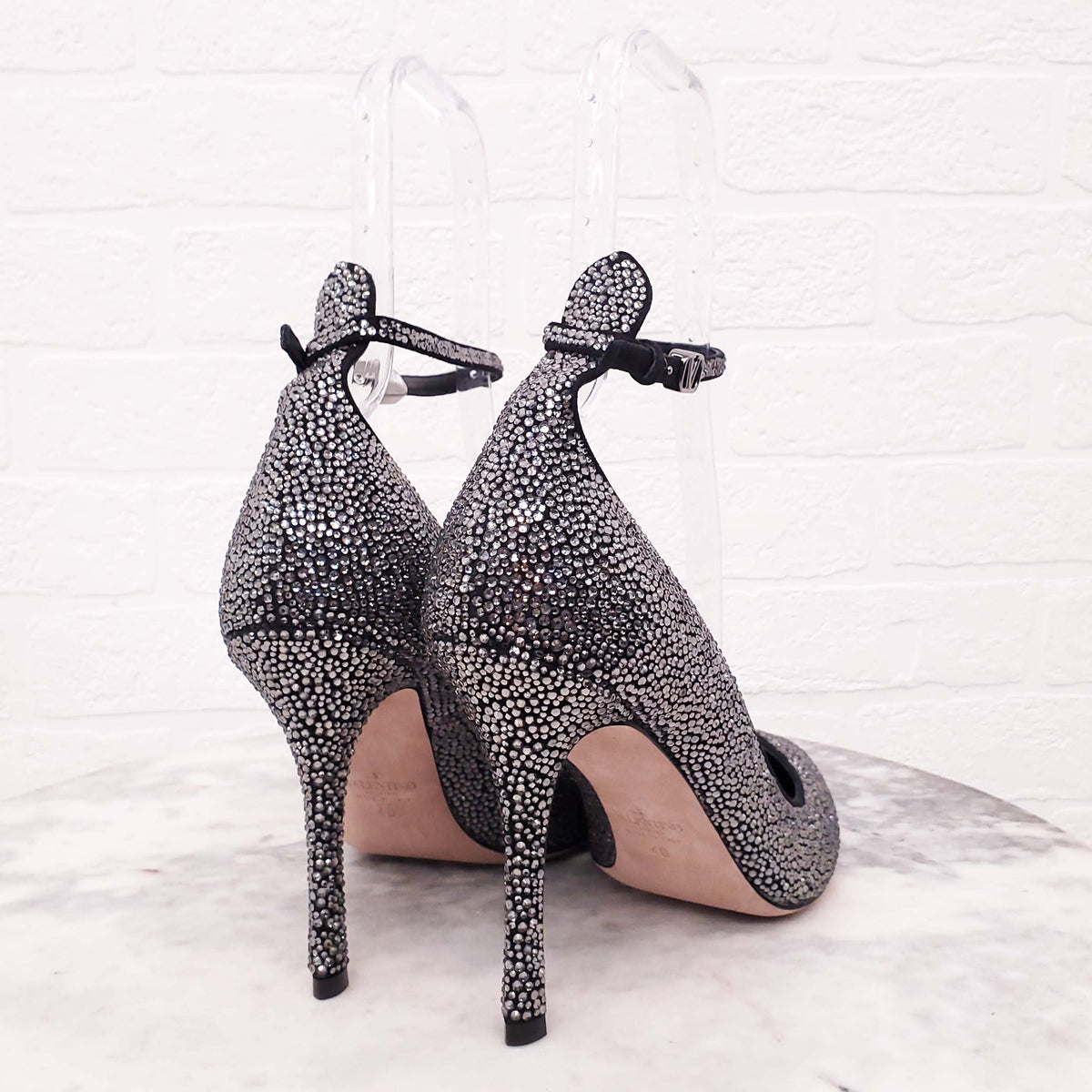 VALENTINO CRYSTAL POINTED HEELS WITH LOGO STRAP - SIZE 40