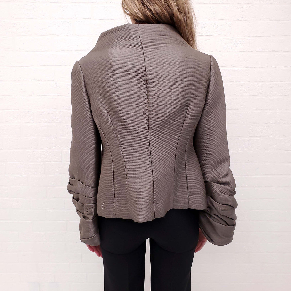 VALENTINO TAUPE COLLARLESS JACKET WITH RUCHED SLEEVES - SIZE 10