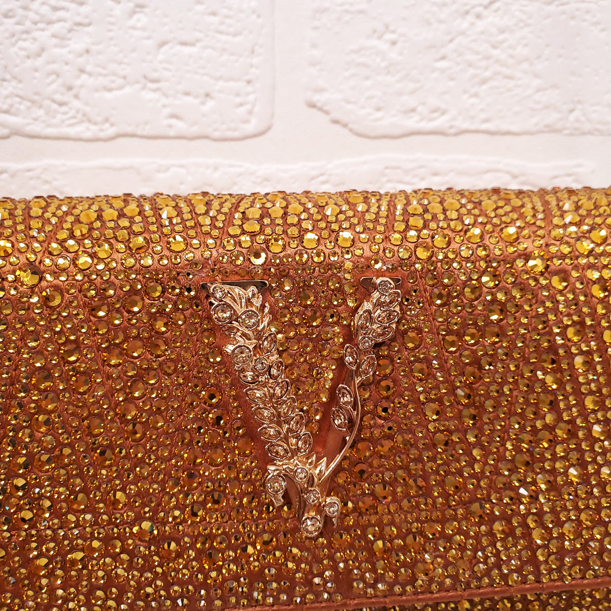 VERSACE ORANGE MINI VIRTUS CRYSTAL PAVÉ EVENING BAG