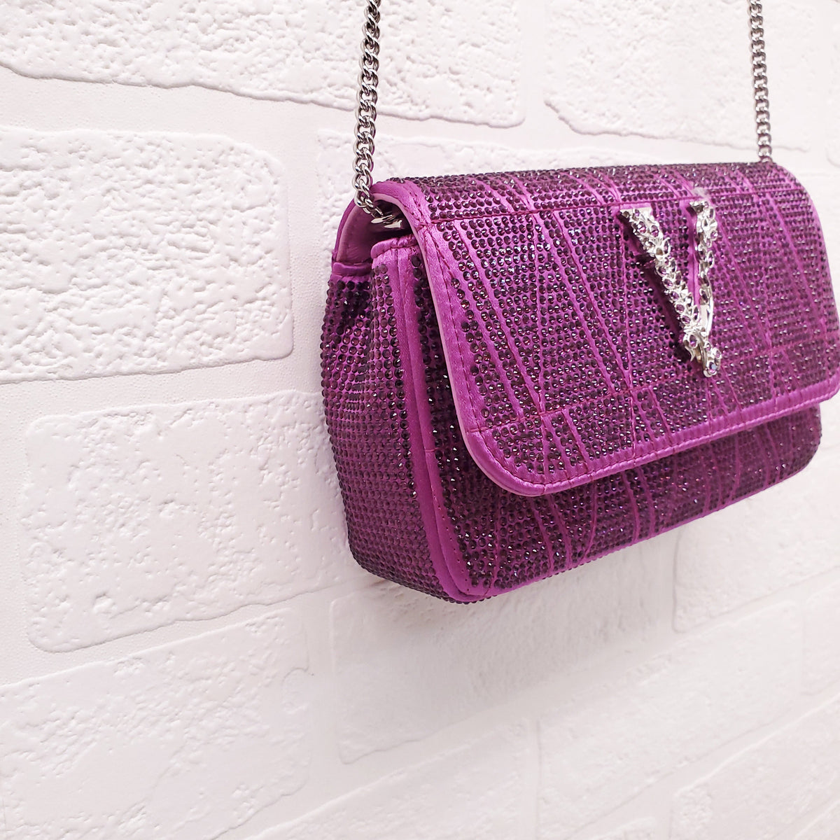 VERSACE PURPLE MINI VIRTUS CRYSTAL PAVÉ EVENING BAG