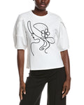 Gracia Abstract Face Embroidered Puff Sleeve Top