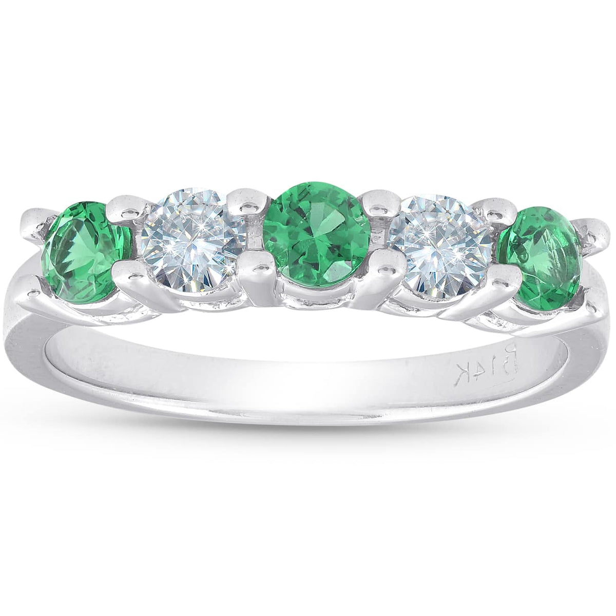 3/4ct Emerald & Diamond 5-Stone Wedding Ring 14K White Gold Size Selectable