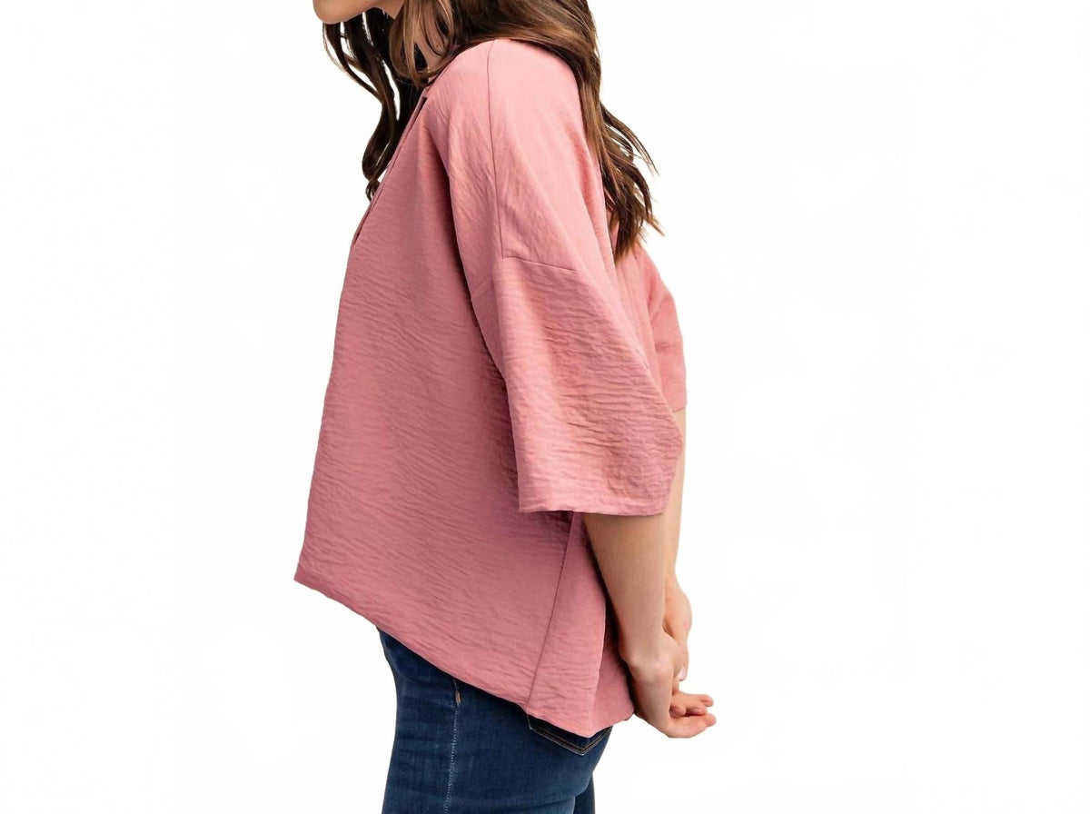 V-Neck Collared Pop Over Top In Dusty Pink