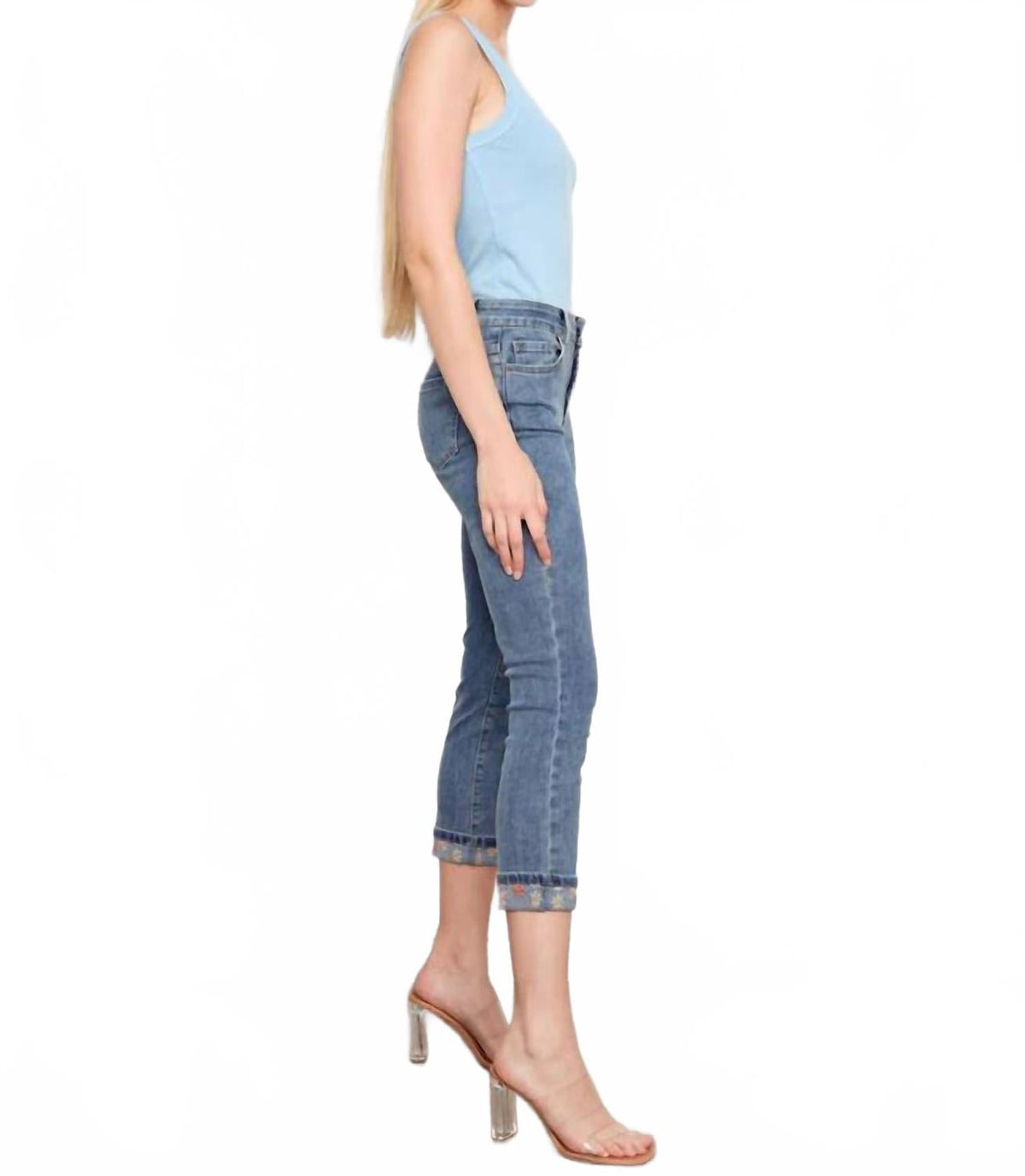 Slim Leg Jeans With Rolled Embrodered Cuff In Medium Blue