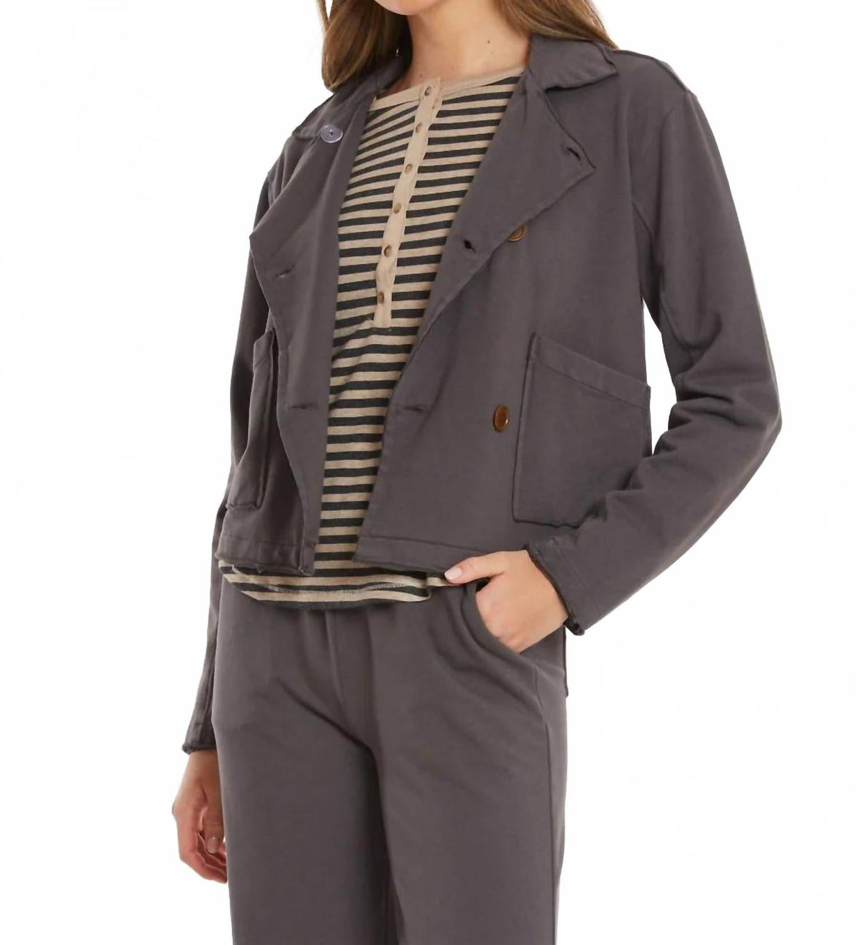 Double Breasted Crop Shacket In Washed Ebony