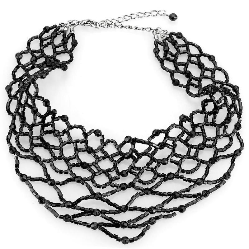 Rhodium Brass Necklace with Synthetic Synthetic Glass in Jet
