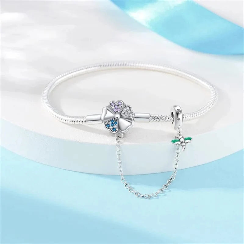 Clover and Dragonfly Charm Bracelet with Safety Chain