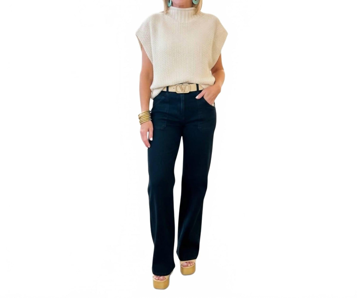 Patch Pocket Wide Leg Flare Jeans In Black