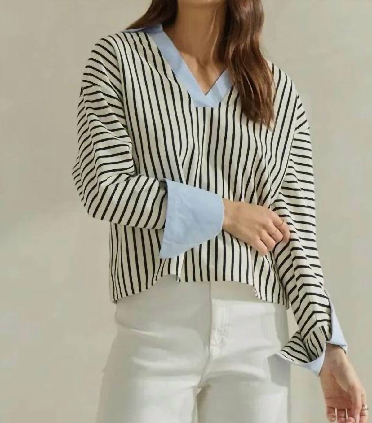 Stripe V-Neck Blouse In Black/white