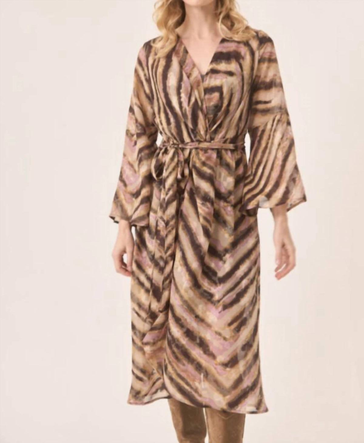 Fluid Tie Waist Wrap Dress In Sand