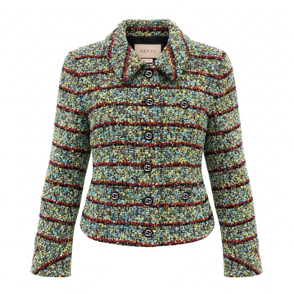 GUCCI COLOURFUL TWEED BLAZER WITH GG LOGO BUTTONS - SIZE 42