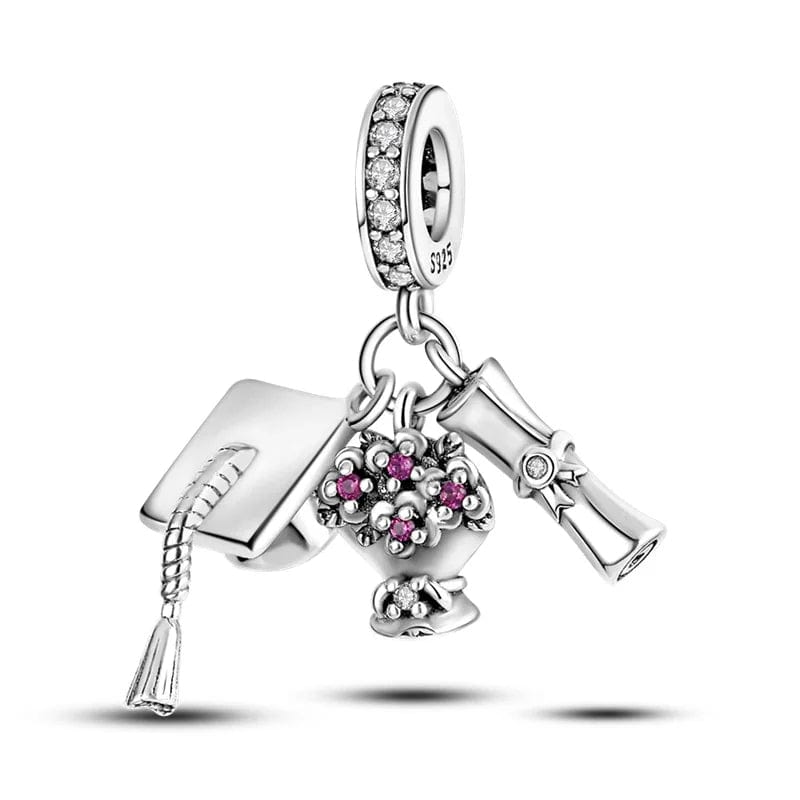 Graduation Cap, Diploma & Flowers Triple Dangle Charm