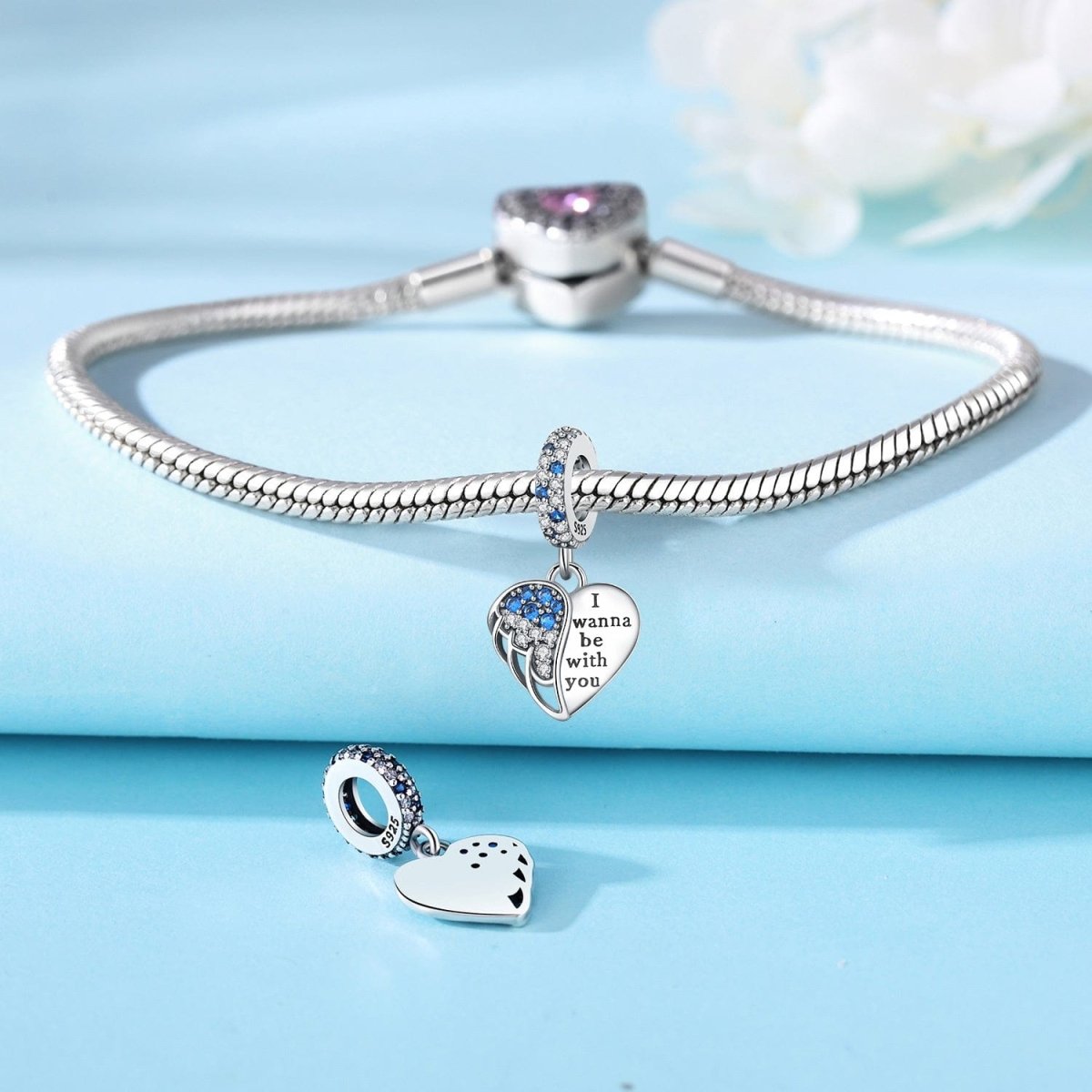 I Wanna Be With You Blue Crystal Angel Wing Charm