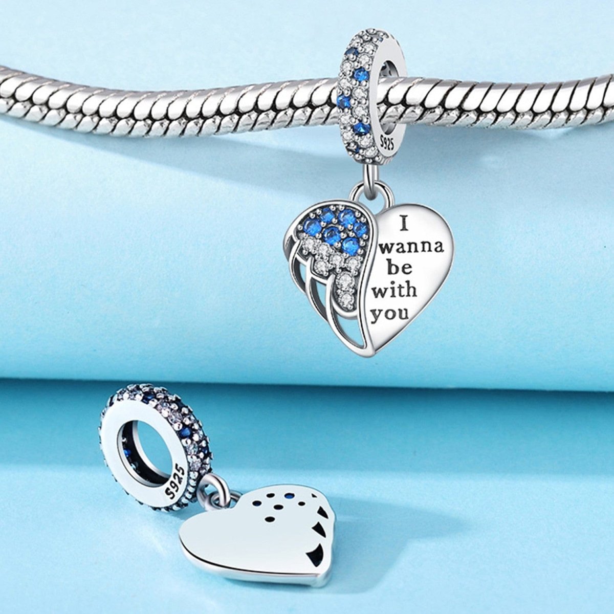 I Wanna Be With You Blue Crystal Angel Wing Charm